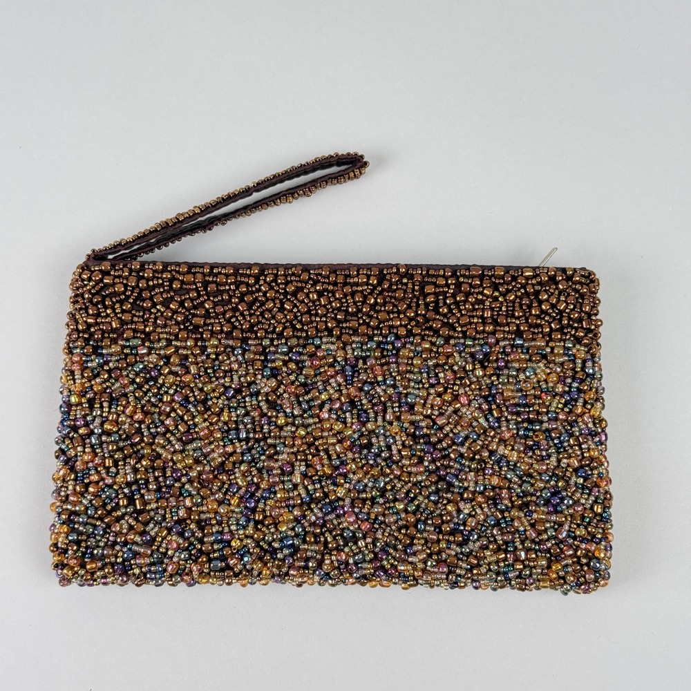 Sparkly Beaded Wristlet Clutch Evening Bag‎ Iridescent Multicolored 8"x5"